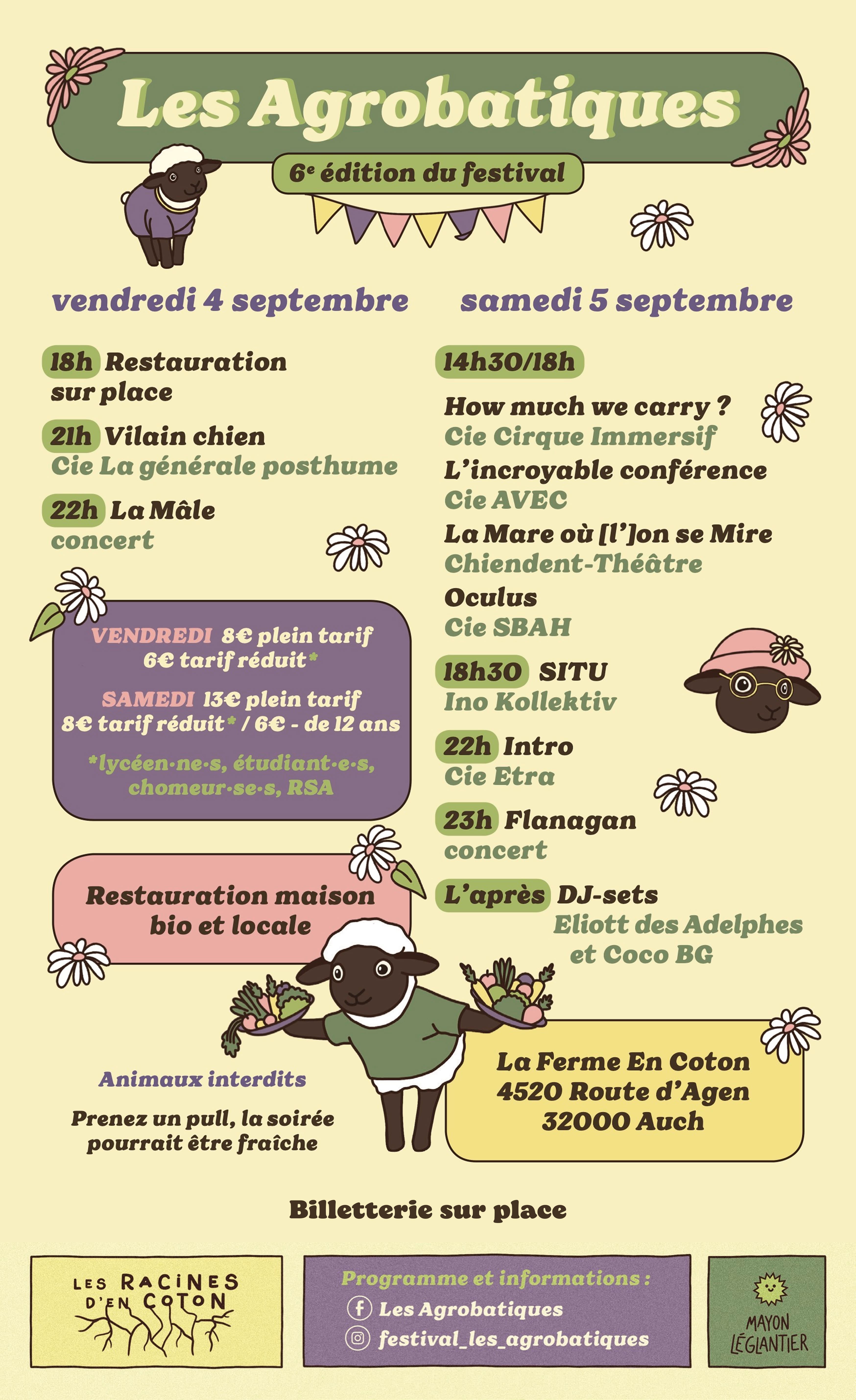 Affiche du festival Les Agrobatiques : cirque, spectacles, musique et repas conviviaux à la Ferme en Coton à Auch (Gers). Événement familial, local et bio.